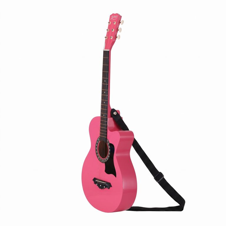 alpha 38 inch acoustic guitar folk cutaway steel string pink with carry bag