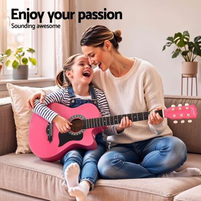 alpha 38 inch acoustic guitar folk cutaway steel string pink with carry bag