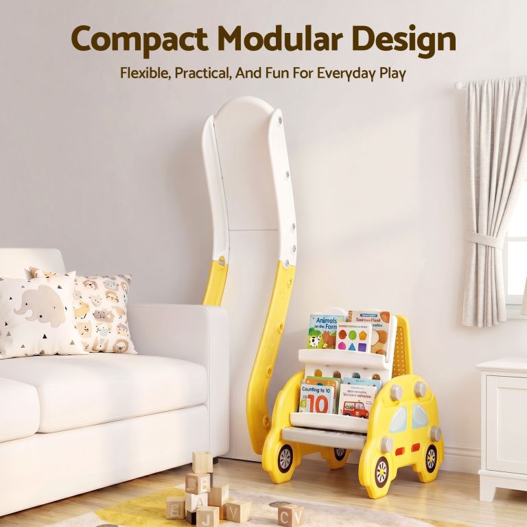 keezi kids slide set toddler indoor playset bookshelf drawing board yellow