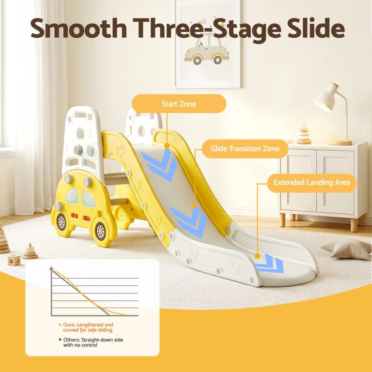 keezi kids slide set toddler indoor playset bookshelf drawing board yellow