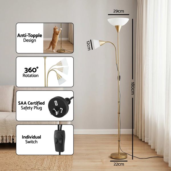 artiss gold floor lamp with reading light | mother and child standing lamp with 360 flexible gooseneck, individual switch & plate shade, e27 & e14 bulb (not included) home living room office reading artiss gold floor lamp with reading light | mother and child standing lamp with 360 flexible gooseneck, individual switch & plate shade, e27 & e14 bulb (not included) home living room office reading