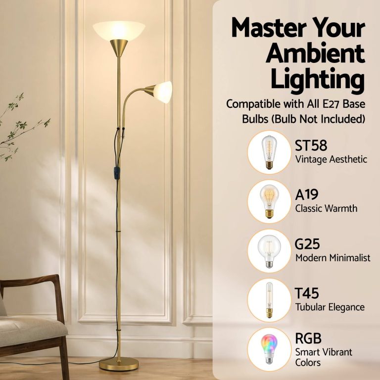artiss gold floor lamp with reading light | mother and child standing lamp with 360 flexible gooseneck, individual switch & plate shade, e27 & e14 bulb (not included) home living room office reading artiss gold floor lamp with reading light | mother and child standing lamp with 360 flexible gooseneck, individual switch & plate shade, e27 & e14 bulb (not included) home living room office reading