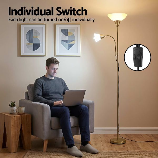 artiss gold floor lamp with reading light | mother and child standing lamp with 360 flexible gooseneck, individual switch & plate shade, e27 & e14 bulb (not included) home living room office reading artiss gold floor lamp with reading light | mother and child standing lamp with 360 flexible gooseneck, individual switch & plate shade, e27 & e14 bulb (not included) home living room office reading