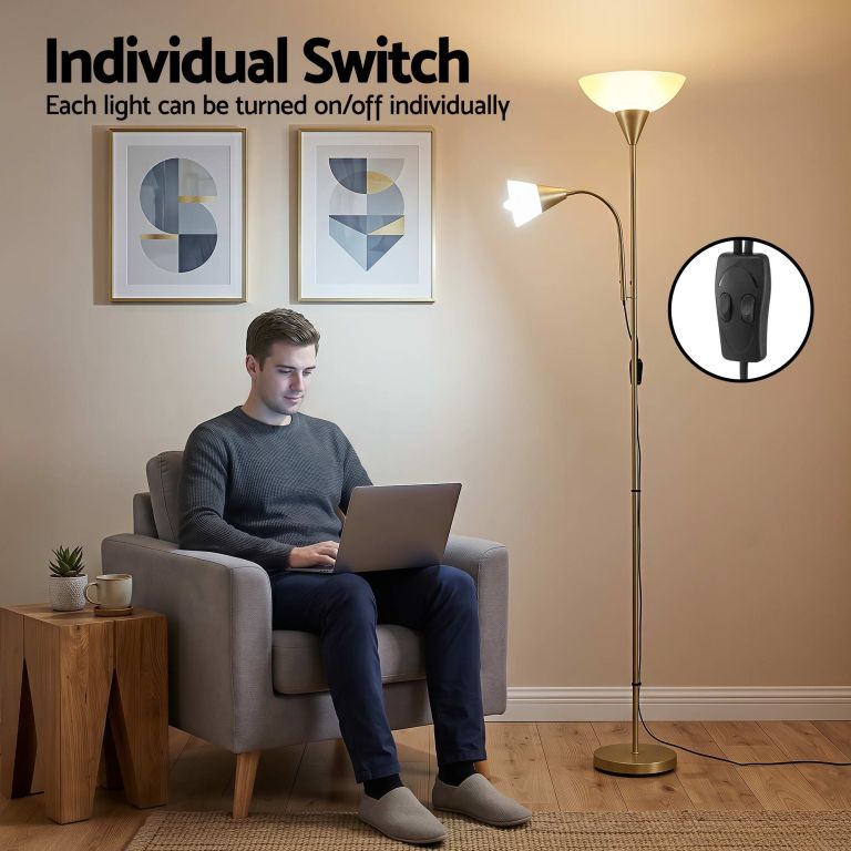 artiss gold floor lamp with reading light | mother and child standing lamp with 360 flexible gooseneck, individual switch & plate shade, e27 & e14 bulb (not included) home living room office reading artiss gold floor lamp with reading light | mother and child standing lamp with 360 flexible gooseneck, individual switch & plate shade, e27 & e14 bulb (not included) home living room office reading