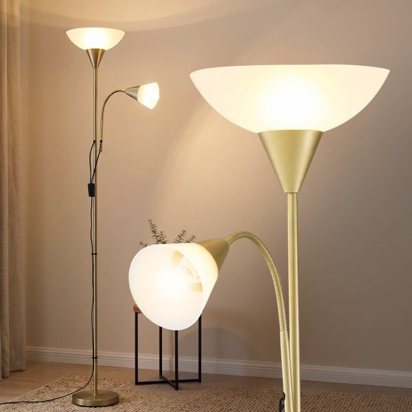 artiss gold floor lamp with reading light | mother and child standing lamp with 360 flexible gooseneck, individual switch & plate shade, e27 & e14 bulb (not included) home living room office reading artiss gold floor lamp with reading light | mother and child standing lamp with 360 flexible gooseneck, individual switch & plate shade, e27 & e14 bulb (not included) home living room office reading