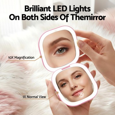 embellir led compact mirror lighted travel makeup mirror pocket sized 1x 10x magnification square pink