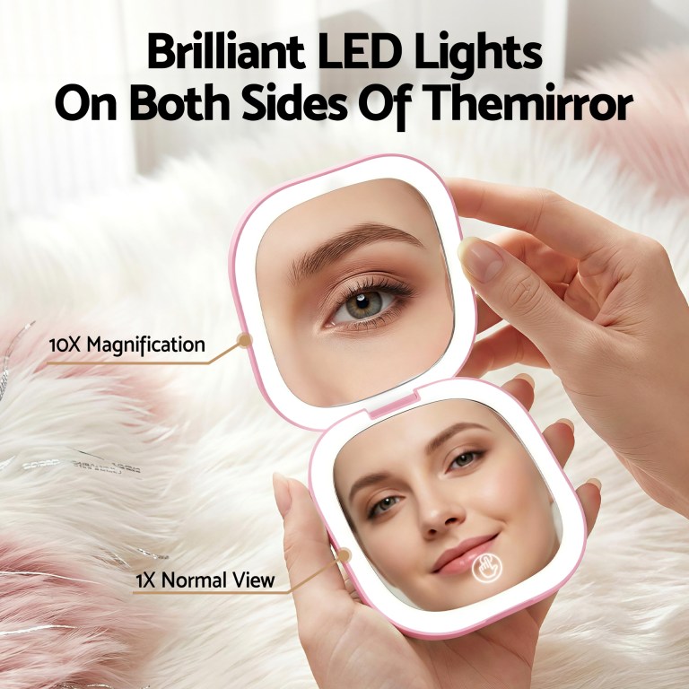 embellir led compact mirror lighted travel makeup mirror pocket sized 1x 10x magnification square pink