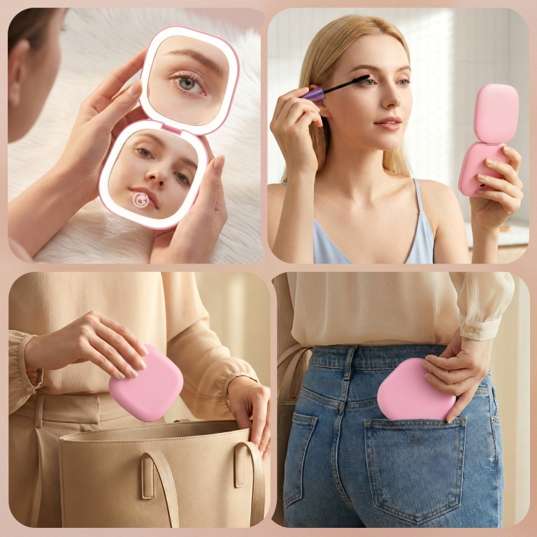embellir led compact mirror lighted travel makeup mirror pocket sized 1x 10x magnification square pink