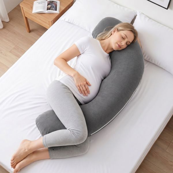 giselle bedding pregnancy pillow for side sleeping l shaped maternity body pillow for women 100% cotton jersey cover for head neck belly support, 63x115 cm grey