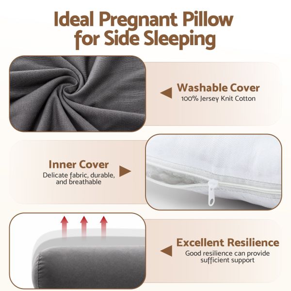 giselle bedding pregnancy pillow for side sleeping l shaped maternity body pillow for women 100% cotton jersey cover for head neck belly support, 63x115 cm grey