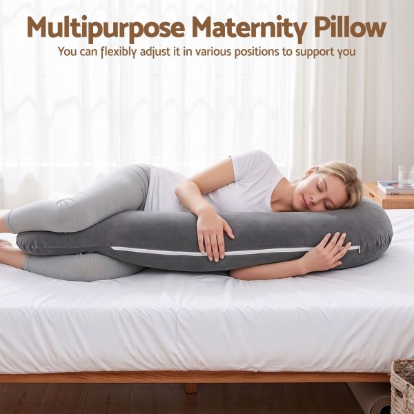 giselle bedding pregnancy pillow for side sleeping l shaped maternity body pillow for women 100% cotton jersey cover for head neck belly support, 63x115 cm grey