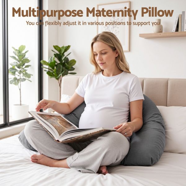giselle bedding pregnancy pillow for side sleeping l shaped maternity body pillow for women 100% cotton jersey cover for head neck belly support, 63x115 cm grey