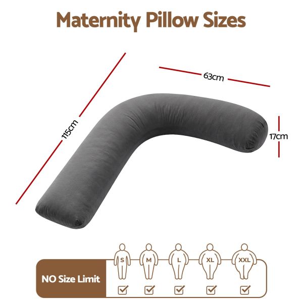 giselle bedding pregnancy pillow for side sleeping l shaped maternity body pillow for women 100% cotton jersey cover for head neck belly support, 63x115 cm grey