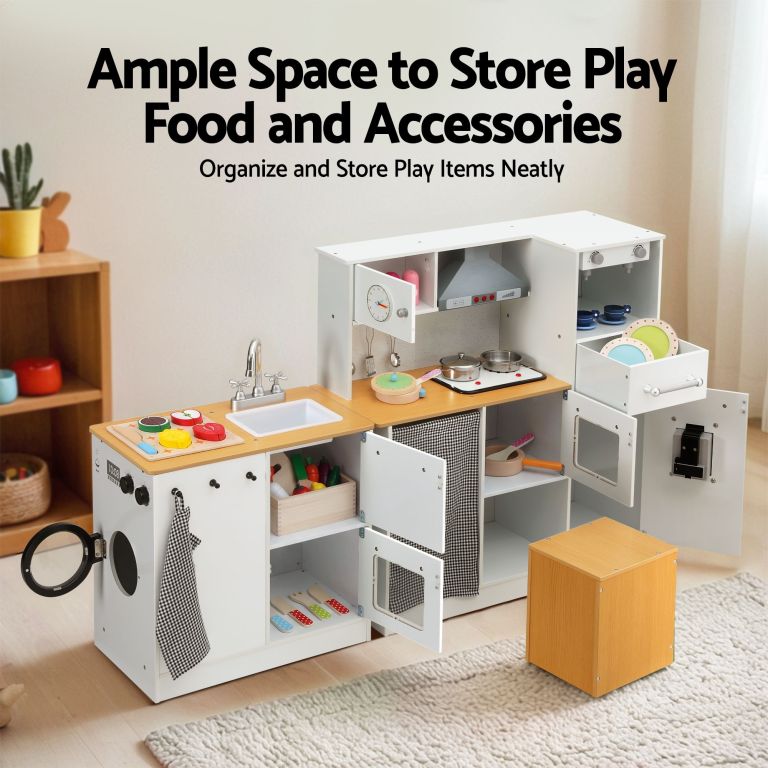 keezi kids wooden kitchen playset 2 piece pretend toy kitchen 29pc food set
