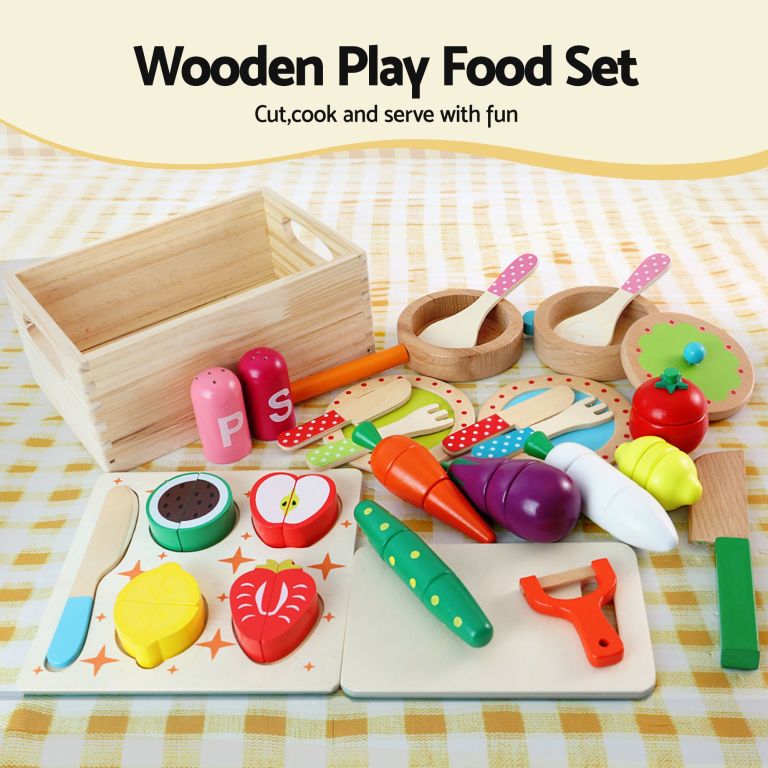 keezi kids wooden kitchen playset 2 piece pretend toy kitchen 29pc food set