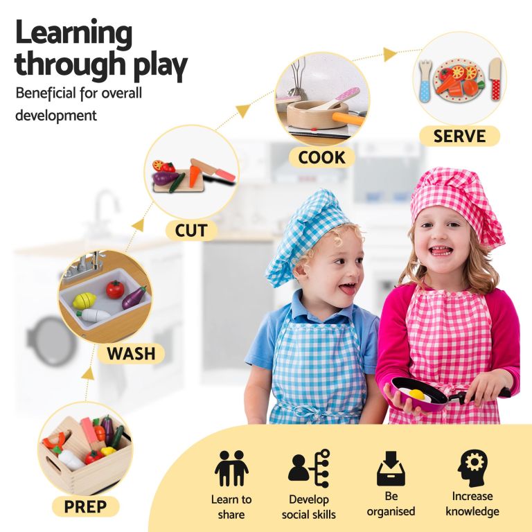 keezi kids wooden kitchen playset 2 piece pretend toy kitchen 29pc food set