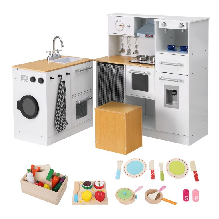 keezi kids wooden kitchen playset 2 piece pretend toy kitchen 29pc food set