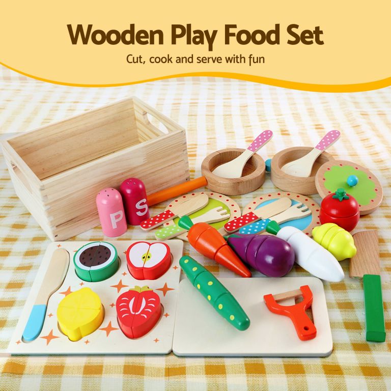 keezi kids play kitchen pretend toy kitchen with wooden play food set