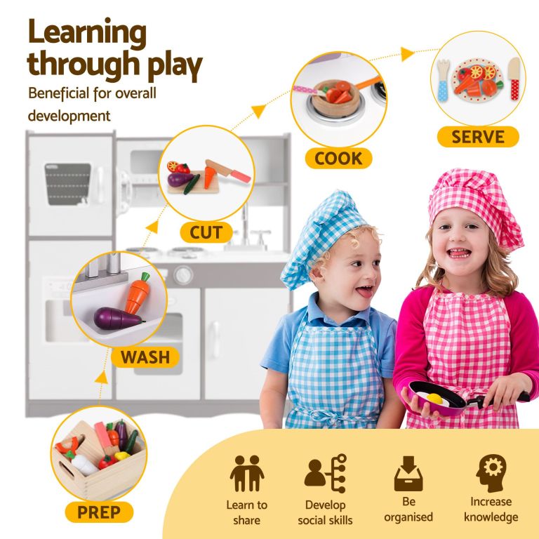 keezi kids play kitchen pretend toy kitchen with wooden play food set