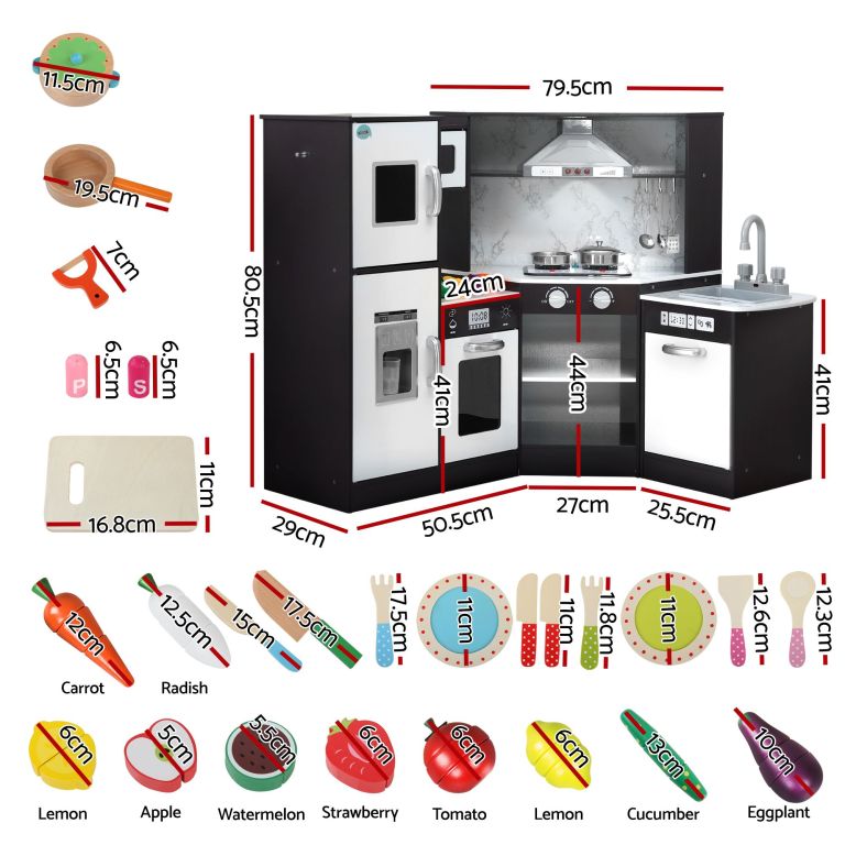 keezi kids wooden kitchen playset 29pc food set black white
