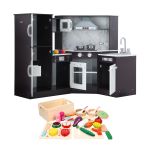 keezi kids wooden kitchen playset 29pc food set black white