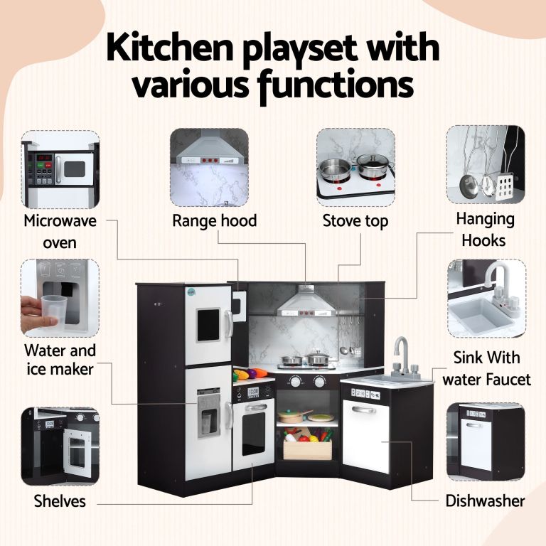 keezi kids wooden kitchen playset 29pc food set black white