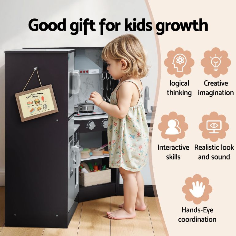 keezi kids wooden kitchen playset 29pc food set black white