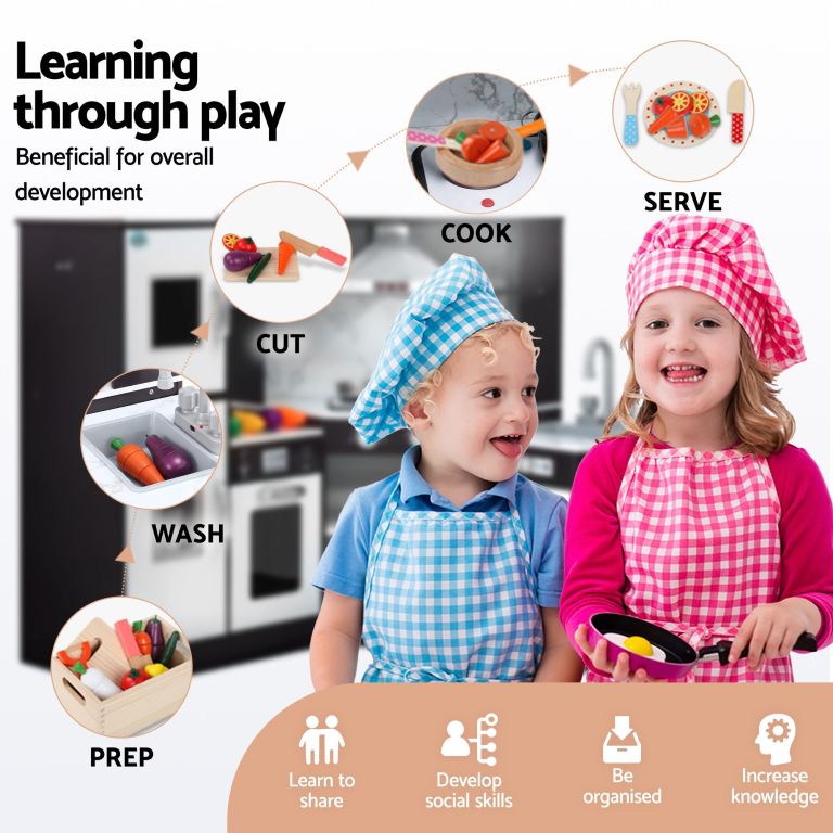 keezi kids wooden kitchen playset 29pc food set black white