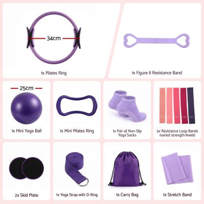 everfit pilates ring set for women, 15pcs home workout pilates equipment with ring, ball, yoga socks, d ring etc. pilates starter kit for strength, toning and flexibility purple
