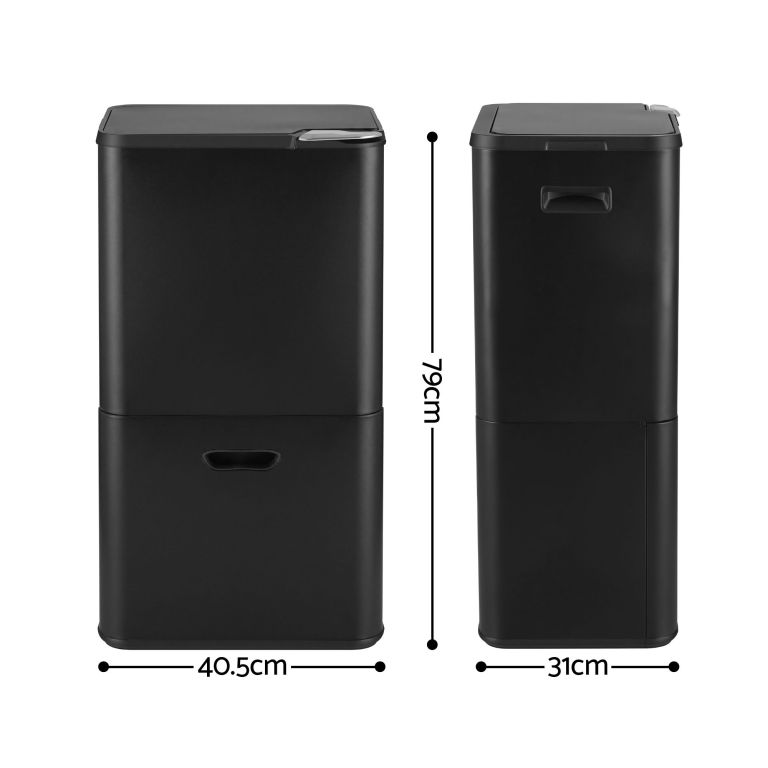 cefito 63l rubbish bin 3 compartment carbon steel split door trash can black