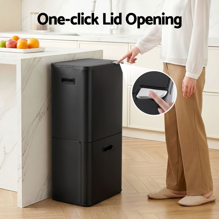 cefito 63l rubbish bin 3 compartment carbon steel split door trash can black
