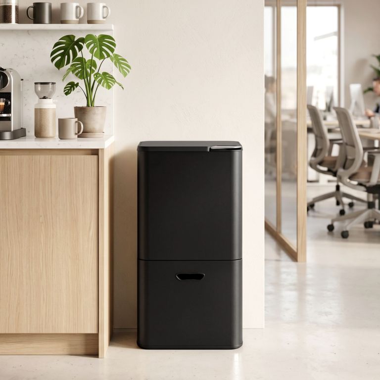 cefito 63l rubbish bin 3 compartment carbon steel split door trash can black