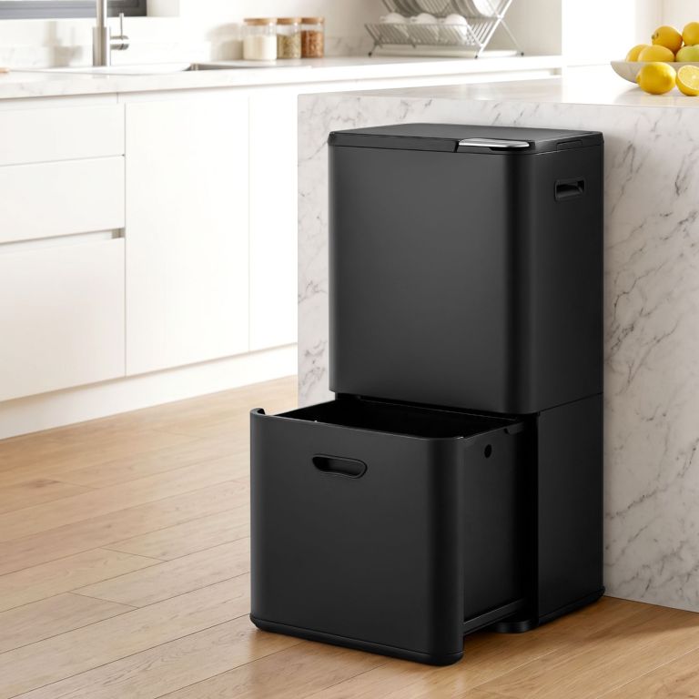 cefito 63l rubbish bin 3 compartment carbon steel split door trash can black