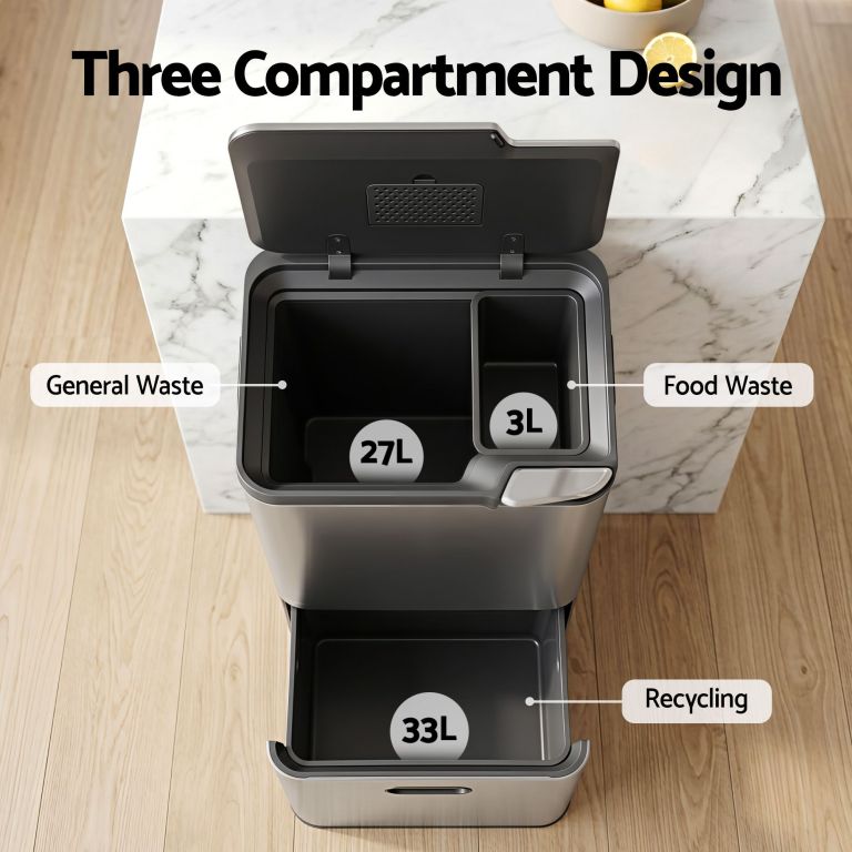 cefito 63l rubbish bin 3 compartment stainless steel split door trash can silver cefito 63l rubbish bin 3 compartment stainless steel split door trash can silver