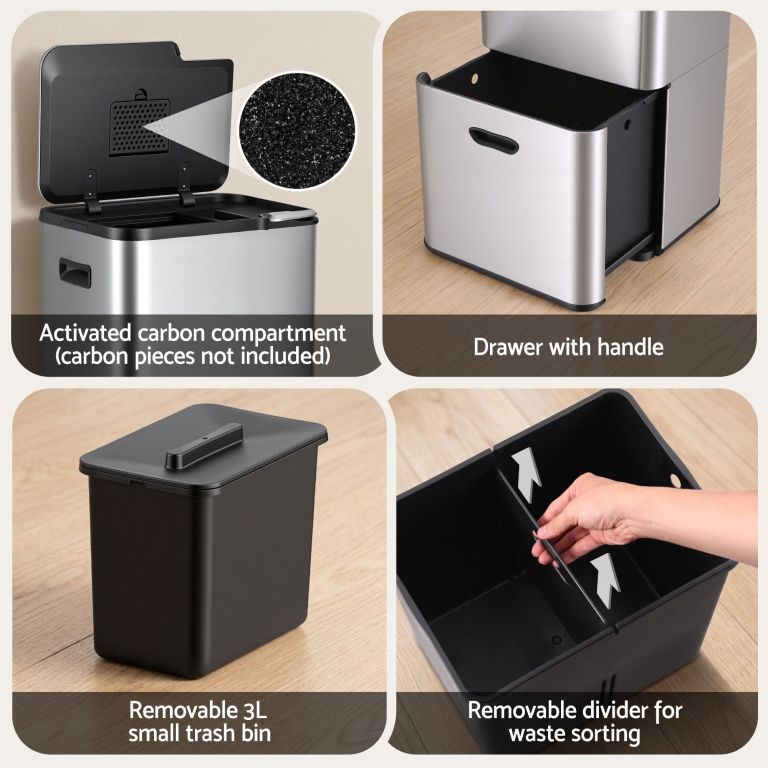 cefito 63l rubbish bin 3 compartment stainless steel split door trash can silver cefito 63l rubbish bin 3 compartment stainless steel split door trash can silver