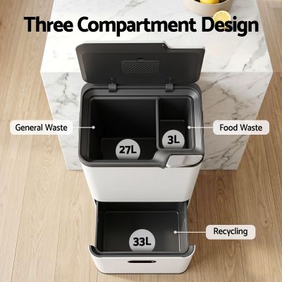 cefito 63l rubbish bin 3 compartment carbon steel split door trash can white cefito 63l rubbish bin 3 compartment carbon steel split door trash can white