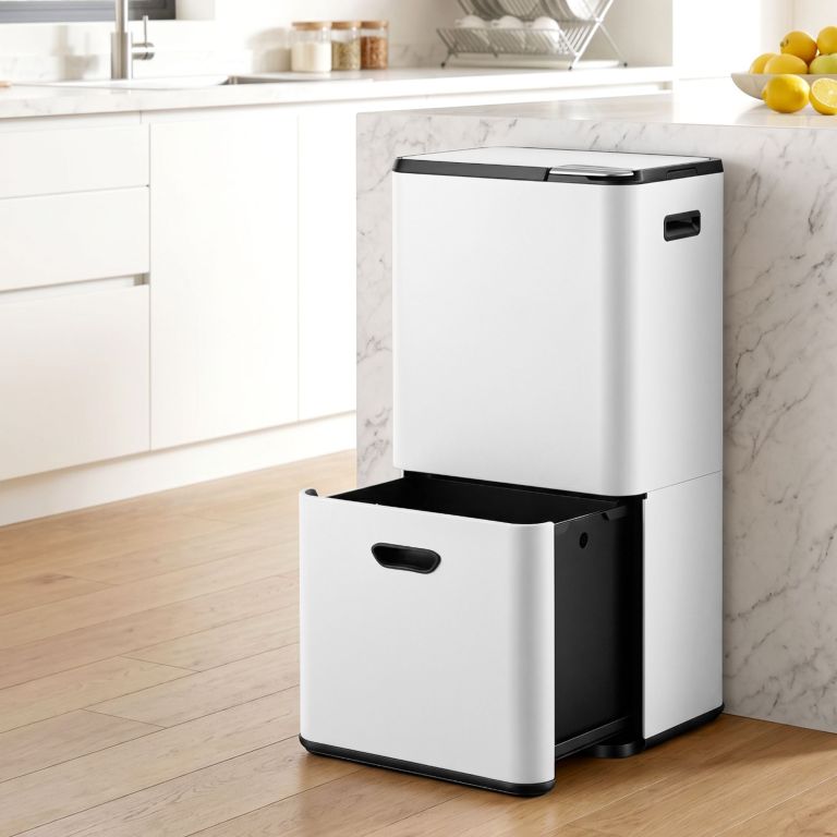 cefito 63l rubbish bin 3 compartment carbon steel split door trash can white cefito 63l rubbish bin 3 compartment carbon steel split door trash can white