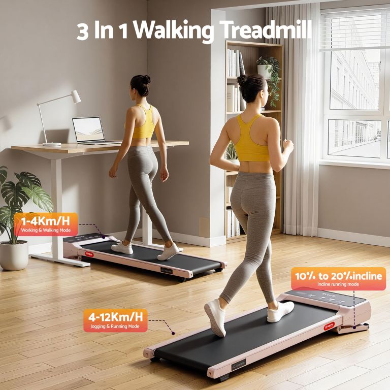 everfit 3 in 1 walking pad treadmill 20% auto incline under desk treadmills for home gym with 40cm wide belt pink