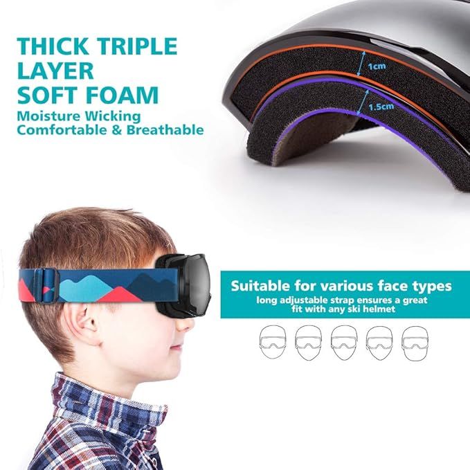 outdoormaster kids ski goggles otg helmet compatible, anti fog snow goggles for boys & girls 100% uv protection om 4