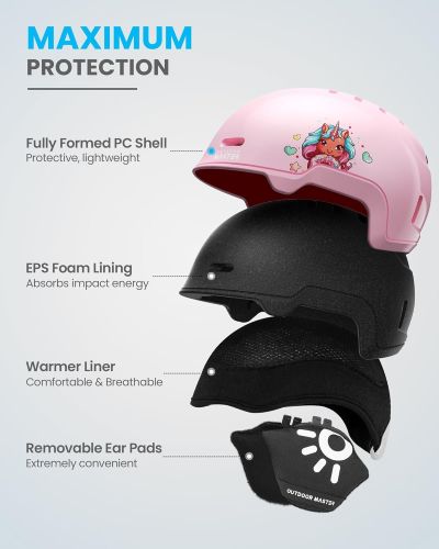 outdoormaster children's ski helmet, snowboard helmet for boys & girls, robust pc shell & eps foam, 12 ventilation holes, adjustable snow sports helmet, certified snow sports and snowboard helmet glossy pink,48 52cm x small