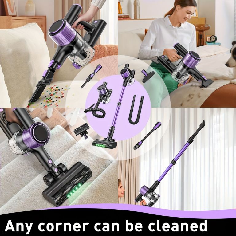 cordless vacuum cleaner, 10 in 1 stick vacuum with powerful suction, hose, green led light, anti tangle brush, 55kpa lightweight rechargeable vacuum cleaner for home, hardwood floors, carpets, pet hair.