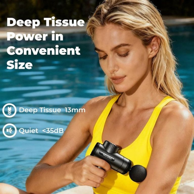 velora mini massage gun deep tissue percussion massager for neck back shoulder leg foot 6 heads usb c rechargeable grey