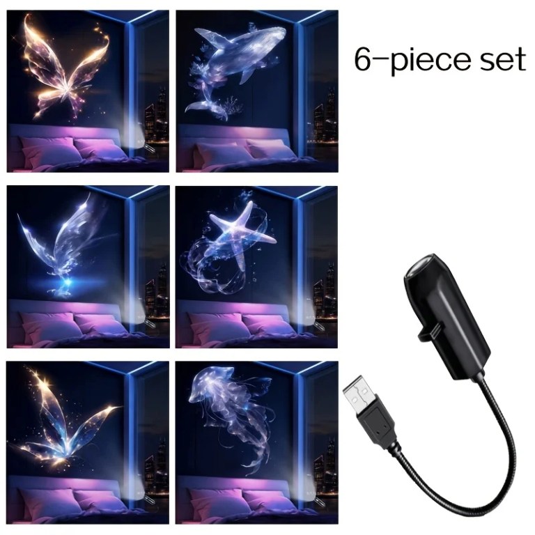 LED USB Projector Light 3/6pcs Projection Patterns- Adjustable Whale Butterfly Jellyfish Starfish Night Light Festival Gift 5