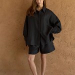 bornladies women's casual two piece fashionable button down basic long sleeved top and shorts set suitable for daily wear Bornladies Women's Casual Two-piece Fashionable Button Down Basic Long Sleeved Top and Shorts Set Suitable for Daily Wear 3