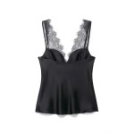 Zevity Women Sexy Deep V Neck Lace Patchwork Soft Satin Smock Blouse Female Inner Style Club Wear Shirt Blusas Chic Tops LS9505 6