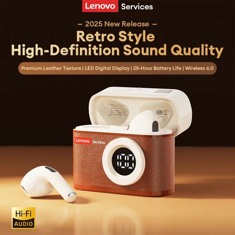 Lenovo LE218 Bluetooth 6.0 Vintage Leather Wireless Earbuds LED Digital Display Headphones ENC Noise Reducation Earphone for Mi 1