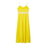 Zevity Women Sexy Sleeveless Lace Stitching Yellow Soft Satin Long Dress Female Chic Spaghetti Strap Brand Party Vestidos DS9414 2