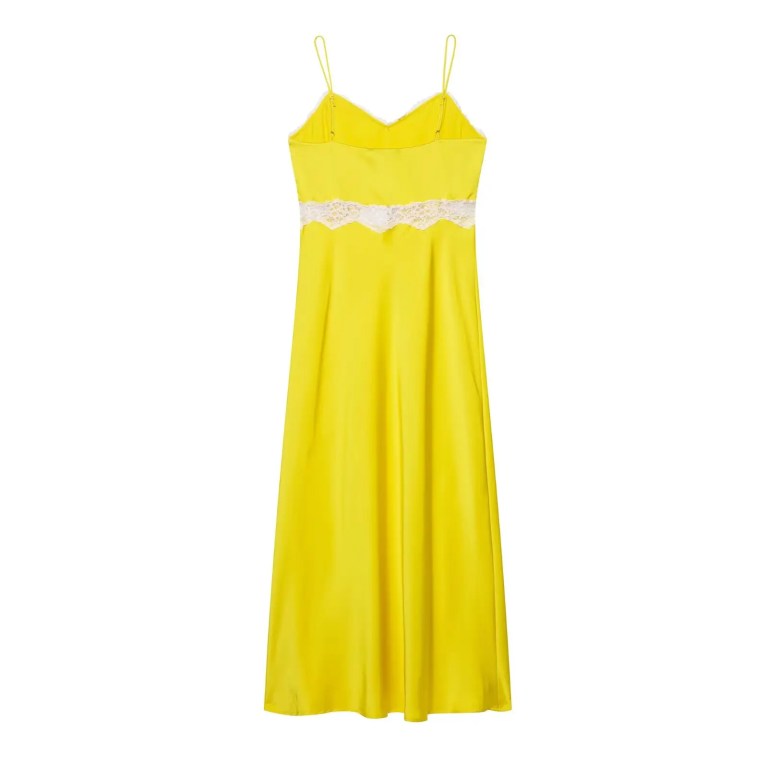 Zevity Women Sexy Sleeveless Lace Stitching Yellow Soft Satin Long Dress Female Chic Spaghetti Strap Brand Party Vestidos DS9414 2