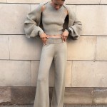 bornladies women's knitted three piece round neck sleeveless vest cardigan and wide leg pants set minimalist daily wear Bornladies Women's Knitted Three Piece Round Neck Sleeveless Vest Cardigan and Wide Leg Pants Set Minimalist Daily Wear
