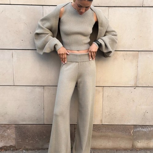 Bornladies Women's Knitted Three Piece Round Neck Sleeveless Vest Cardigan and Wide Leg Pants Set Minimalist Daily Wear